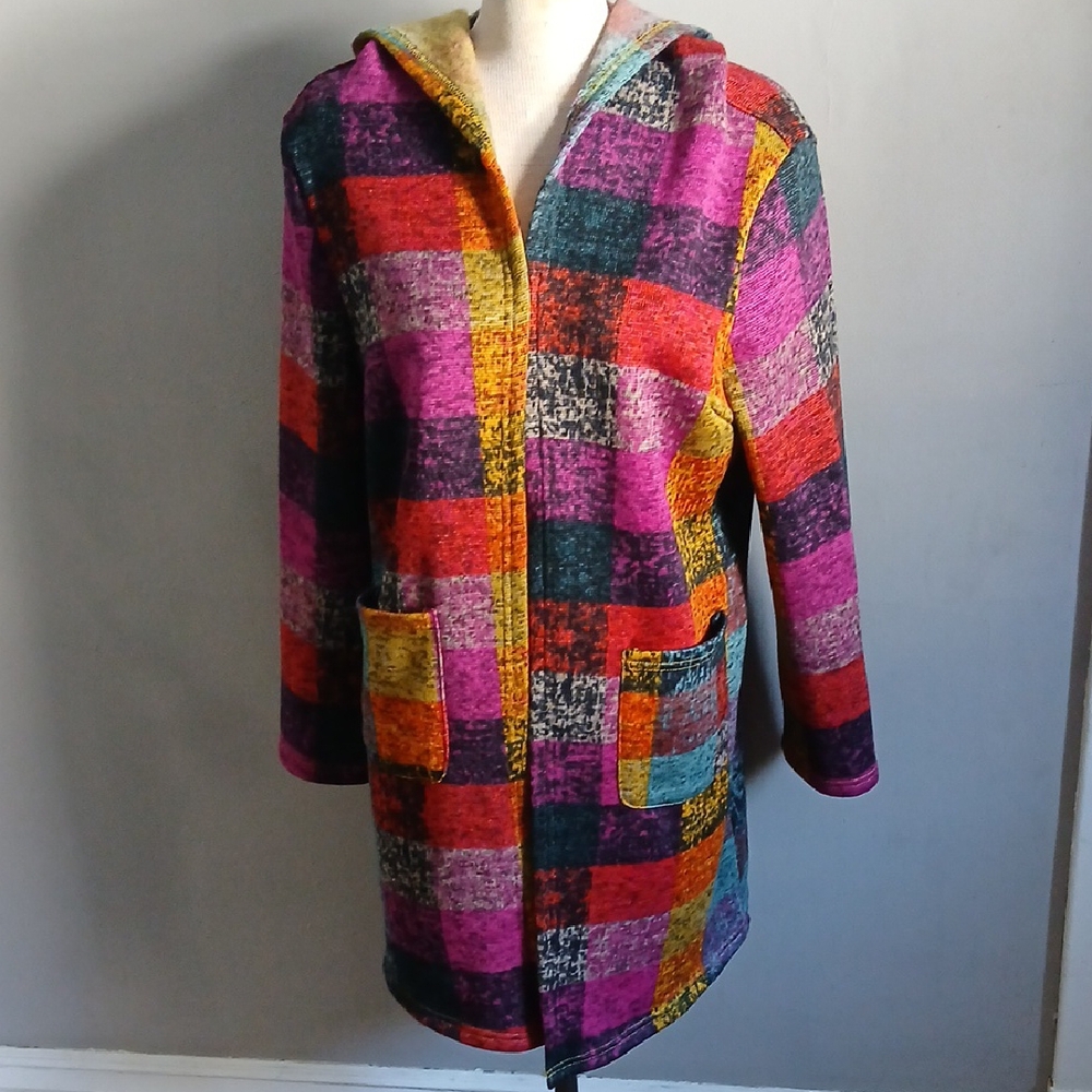 Plaid Hooded Women's Sweater Jacket Size XL